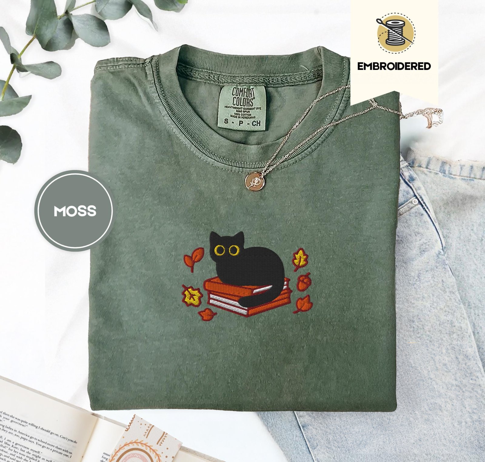 Moss Black Cat and Books Embroidered T-Shirt