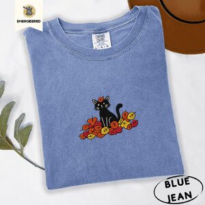 Blue Jean Black Cat and Fall Leaves Embroidered T-Shirt
