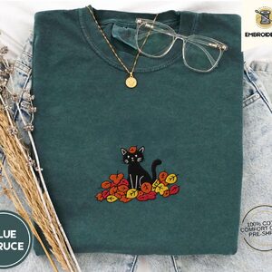Blue Spruce Black Cat and Fall Leaves Embroidered T-Shirt