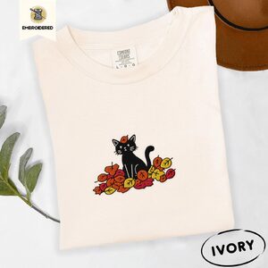 Ivory Black Cat and Fall Leaves Embroidered T-Shirt