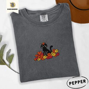 Pepper Black Cat and Fall Leaves Embroidered T-Shirt