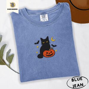 Blue Jean Black Cat and Pumpkin Embroidered T-Shirt