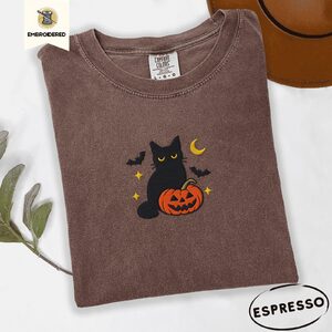Espresso Black Cat and Pumpkin Embroidered T-Shirt