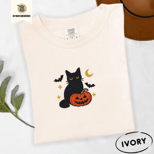 Ivory Black Cat and Pumpkin Embroidered T-Shirt