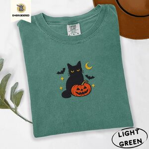 Light Green Black Cat and Pumpkin Embroidered T-Shirt
