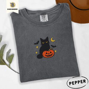 Pepper Black Cat and Pumpkin Embroidered T-Shirt
