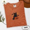 Yam Black Cat and Pumpkin Embroidered T-Shirt