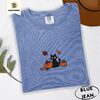 Blue Jean Black Cat and Pumpkins Embroidered T-Shirt