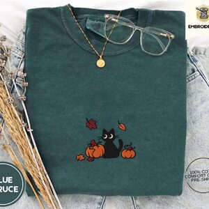 Blue Spruce Black Cat and Pumpkins Embroidered T-Shirt