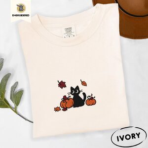 Ivory Black Cat and Pumpkins Embroidered T-Shirt