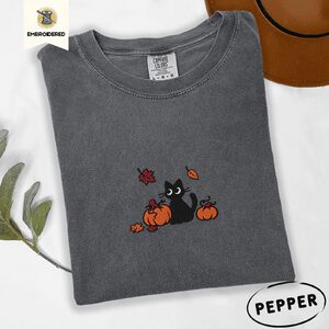 Pepper Black Cat and Pumpkins Embroidered T-Shirt