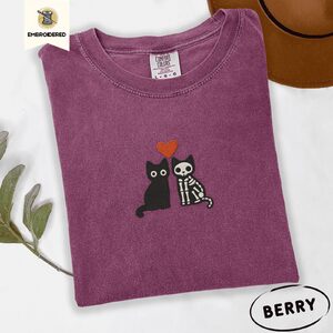 Berry Black Cat and Skeleton Cat Embroidered T-Shirt