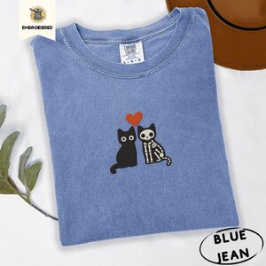 Blue Jean Black Cat and Skeleton Cat Embroidered T-Shirt