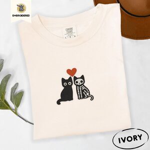 Ivory Black Cat and Skeleton Cat Embroidered T-Shirt