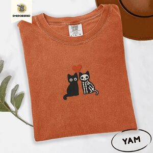 Yam Black Cat and Skeleton Cat Embroidered T-Shirt