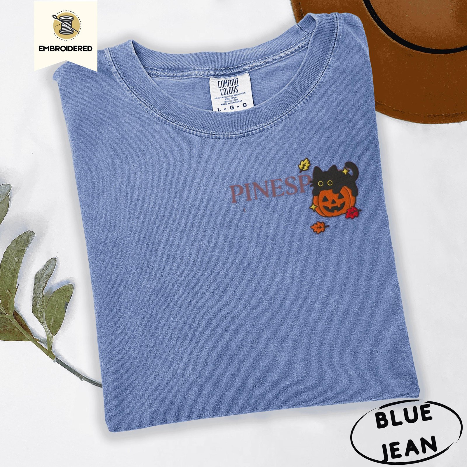 Blue Jean Black Cat Autumn Leaves Embroidered T-Shirt