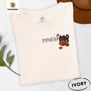 Ivory Black Cat Autumn Leaves Embroidered T-Shirt