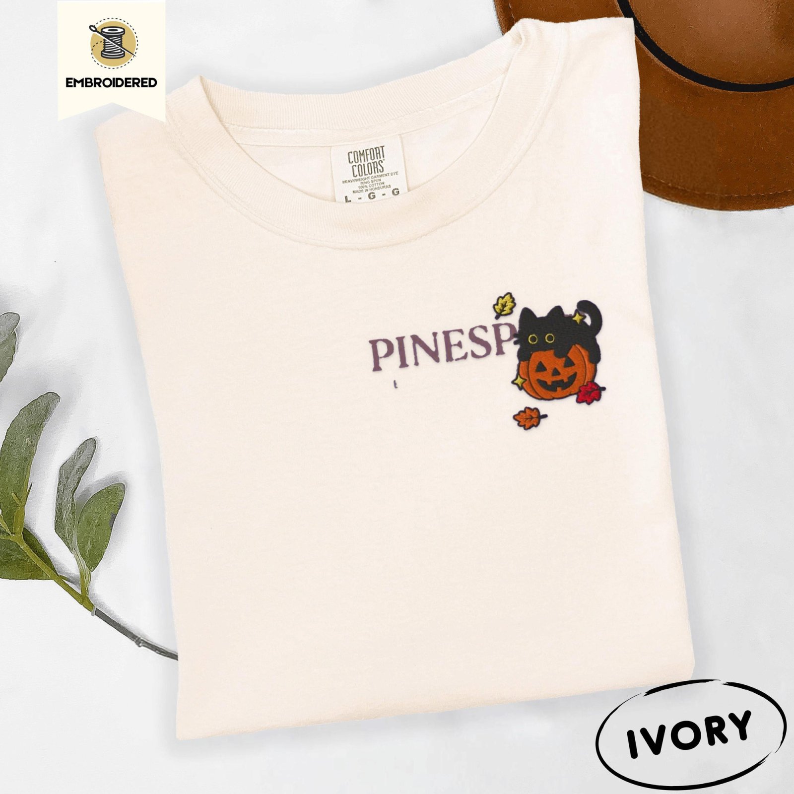 Ivory Black Cat Autumn Leaves Embroidered T-Shirt