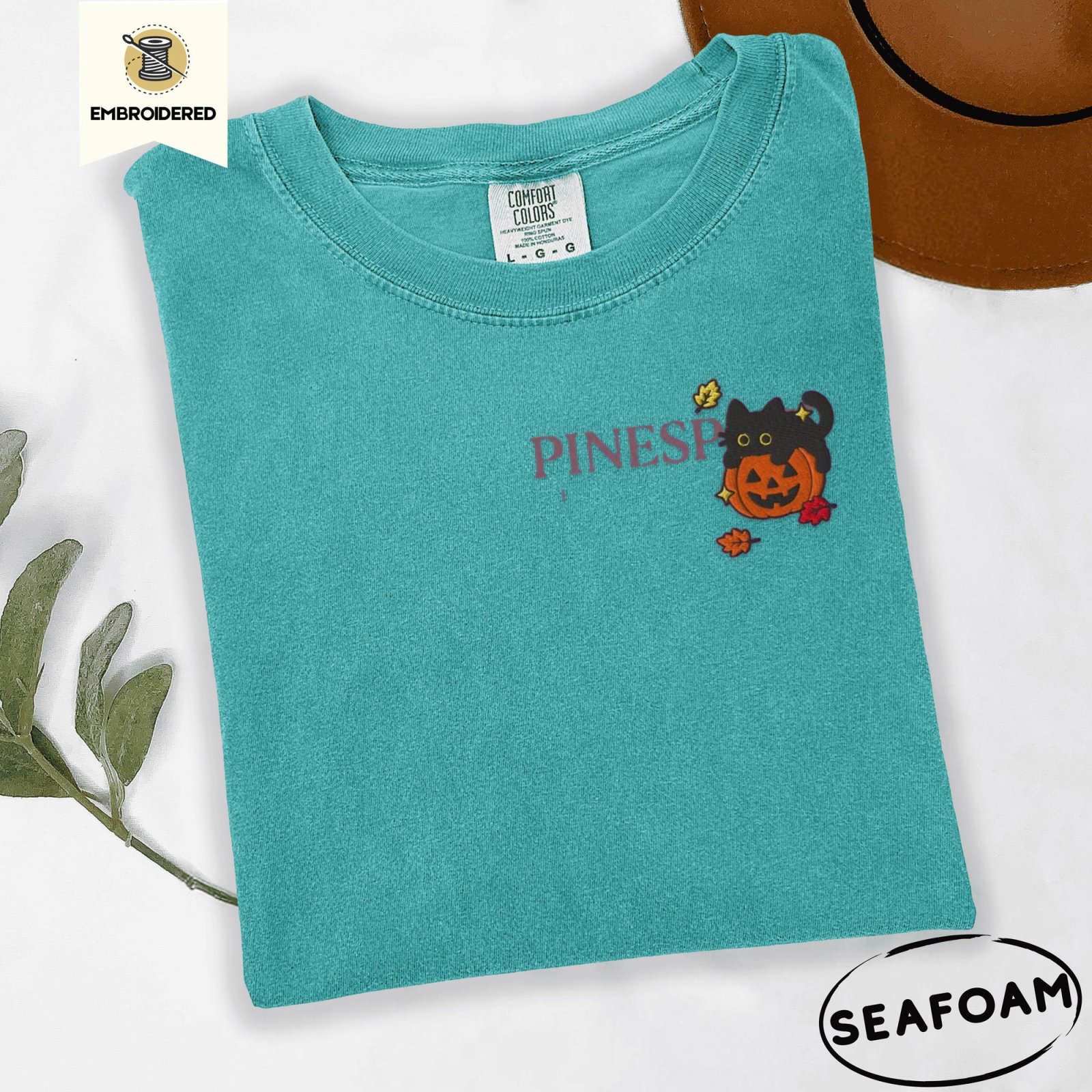 Seafoam Black Cat Autumn Leaves Embroidered T-Shirt