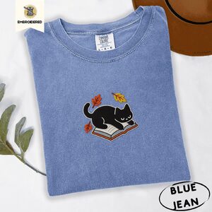 Blue Jean Black Cat on Book Embroidered T-Shirt