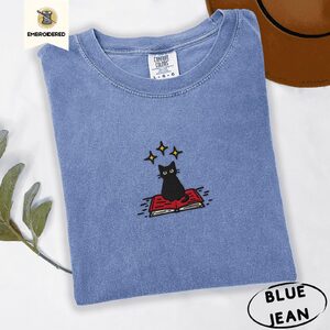Blue Jean Black Cat on Book Embroidered T-Shirt