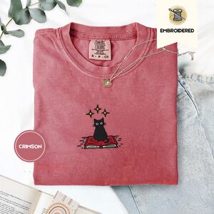 Crimson Black Cat on Book Embroidered T-Shirt