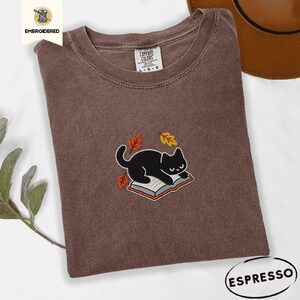 Espresso Black Cat on Book Embroidered T-Shirt
