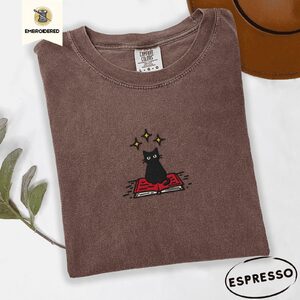 Espresso Black Cat on Book Embroidered T-Shirt