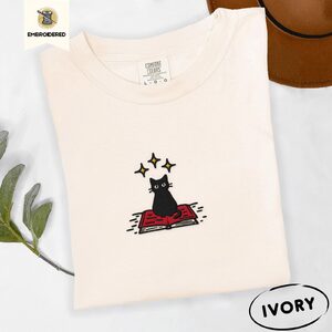Ivory Black Cat on Book Embroidered T-Shirt