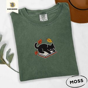 Moss Black Cat on Book Embroidered T-Shirt