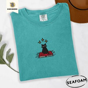 Seafoam Black Cat on Book Embroidered T-Shirt