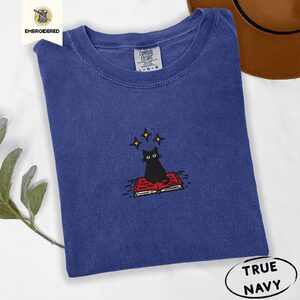 True Navy Black Cat on Book Embroidered T-Shirt