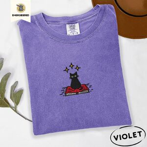 Violet Black Cat on Book Embroidered T-Shirt