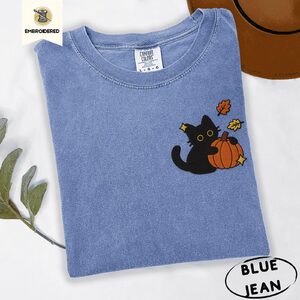 Blue Jean Black Cat With Autumn Leaves Embroidered T-Shirt