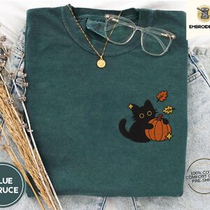 Blue Spruce Black Cat With Autumn Leaves Embroidered T-Shirt
