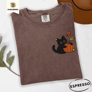 Espresso Black Cat With Autumn Leaves Embroidered T-Shirt