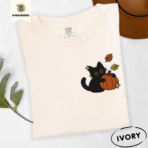 Ivory Black Cat With Autumn Leaves Embroidered T-Shirt