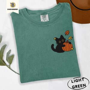 Light Green Black Cat With Autumn Leaves Embroidered T-Shirt