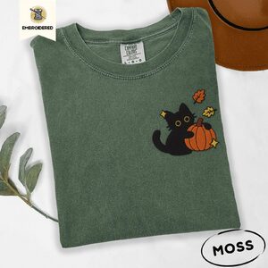 Moss Black Cat With Autumn Leaves Embroidered T-Shirt