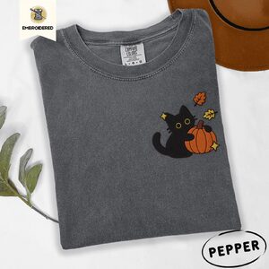 Pepper Black Cat With Autumn Leaves Embroidered T-Shirt