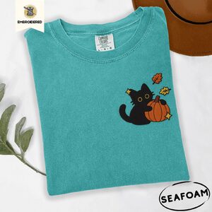 Seafoam Black Cat With Autumn Leaves Embroidered T-Shirt
