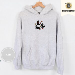 Ash Black Cats and Fall Leaves Embroidered Hoodie