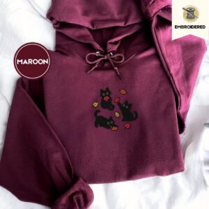 Maroon Black Cats and Fall Leaves Embroidered Hoodie