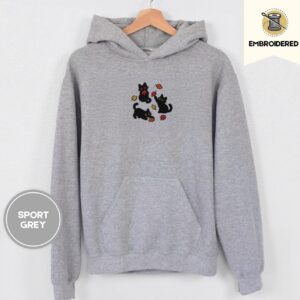 Sport Grey Black Cats and Fall Leaves Embroidered Hoodie