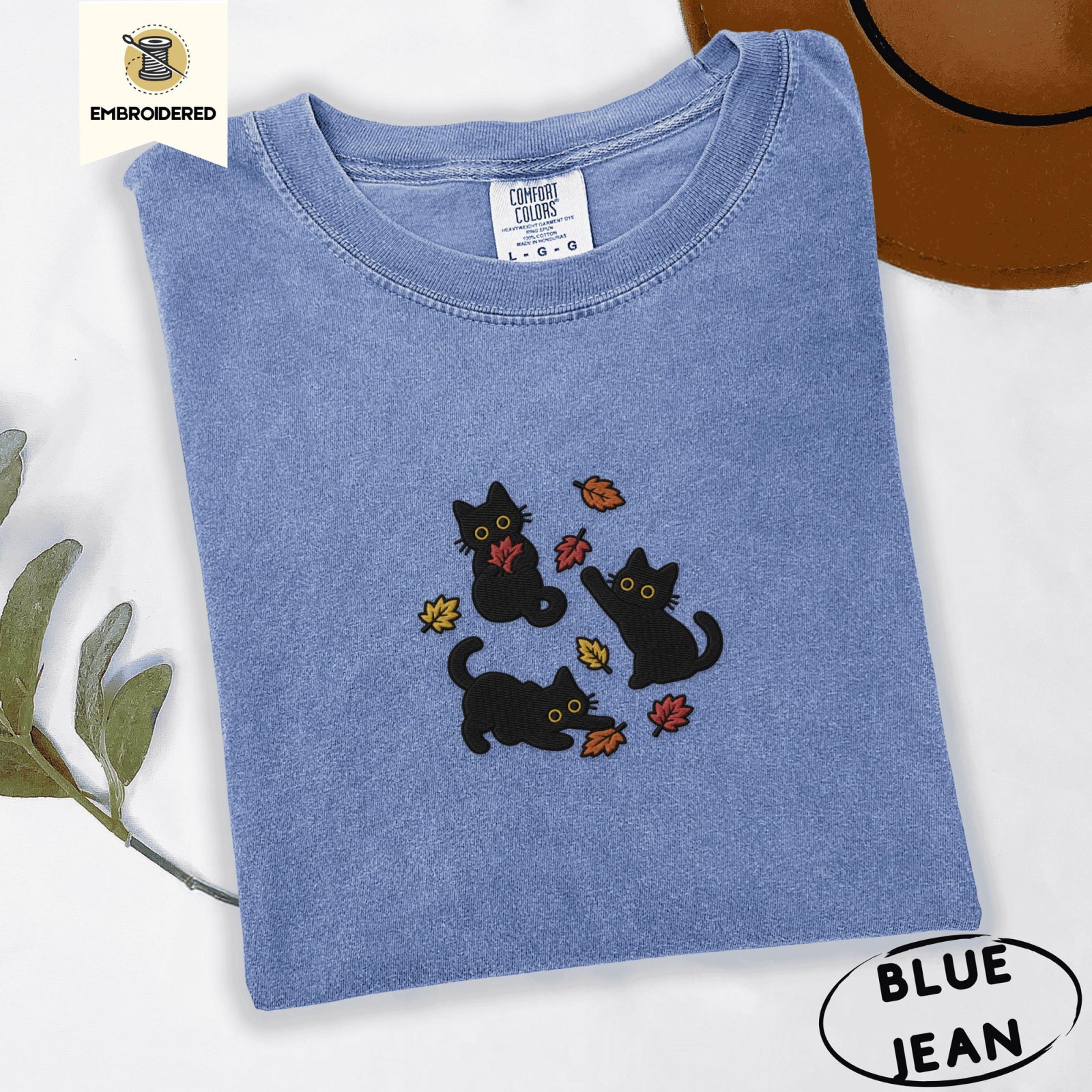Blue Jean Black Cats And Fall Leaves Embroidered T-Shirt
