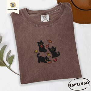 Espresso Black Cats And Fall Leaves Embroidered T-Shirt