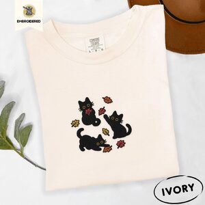 Ivory Black Cats And Fall Leaves Embroidered T-Shirt