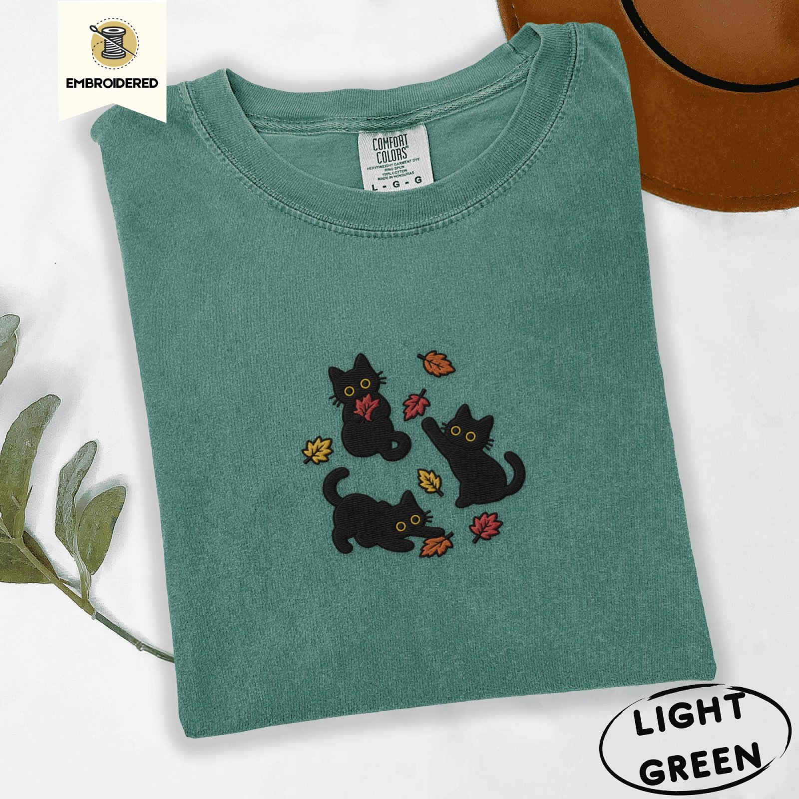 Light Green Black Cats And Fall Leaves Embroidered T-Shirt