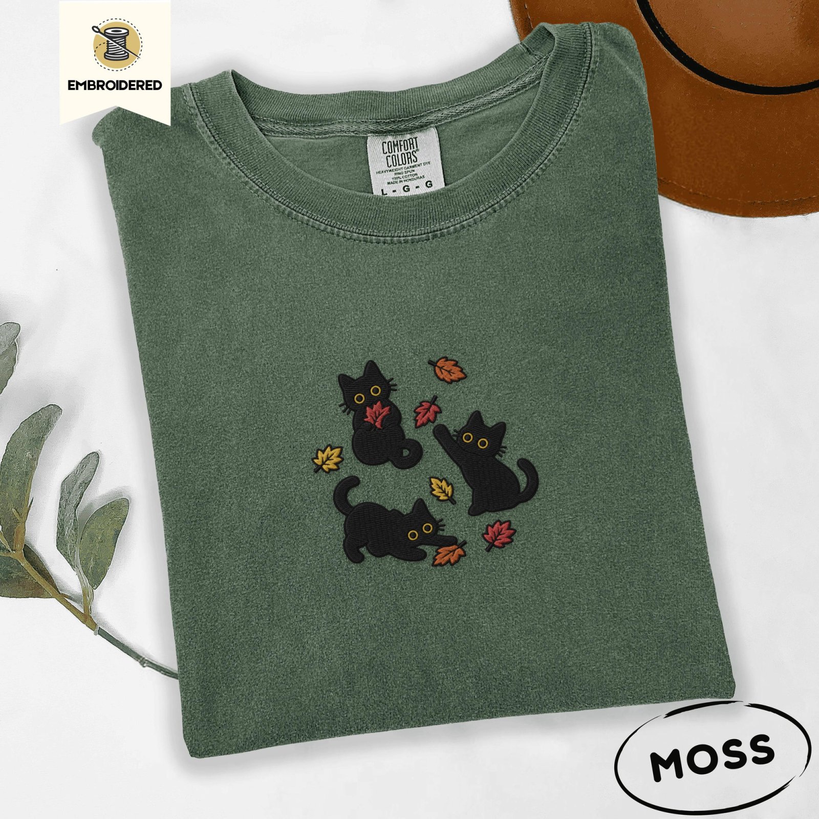 Moss Black Cats And Fall Leaves Embroidered T-Shirt