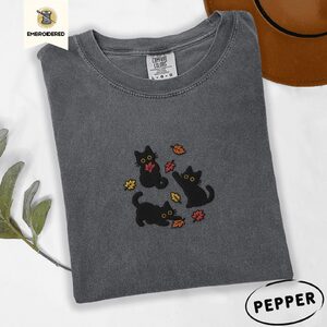 Pepper Black Cats And Fall Leaves Embroidered T-Shirt